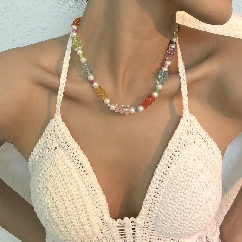 

Necklace for Women Colorful Bear Beads Jewelry for Women 2021 Personalized Fashion Imitation Pearl Kids Jewellery for Girls