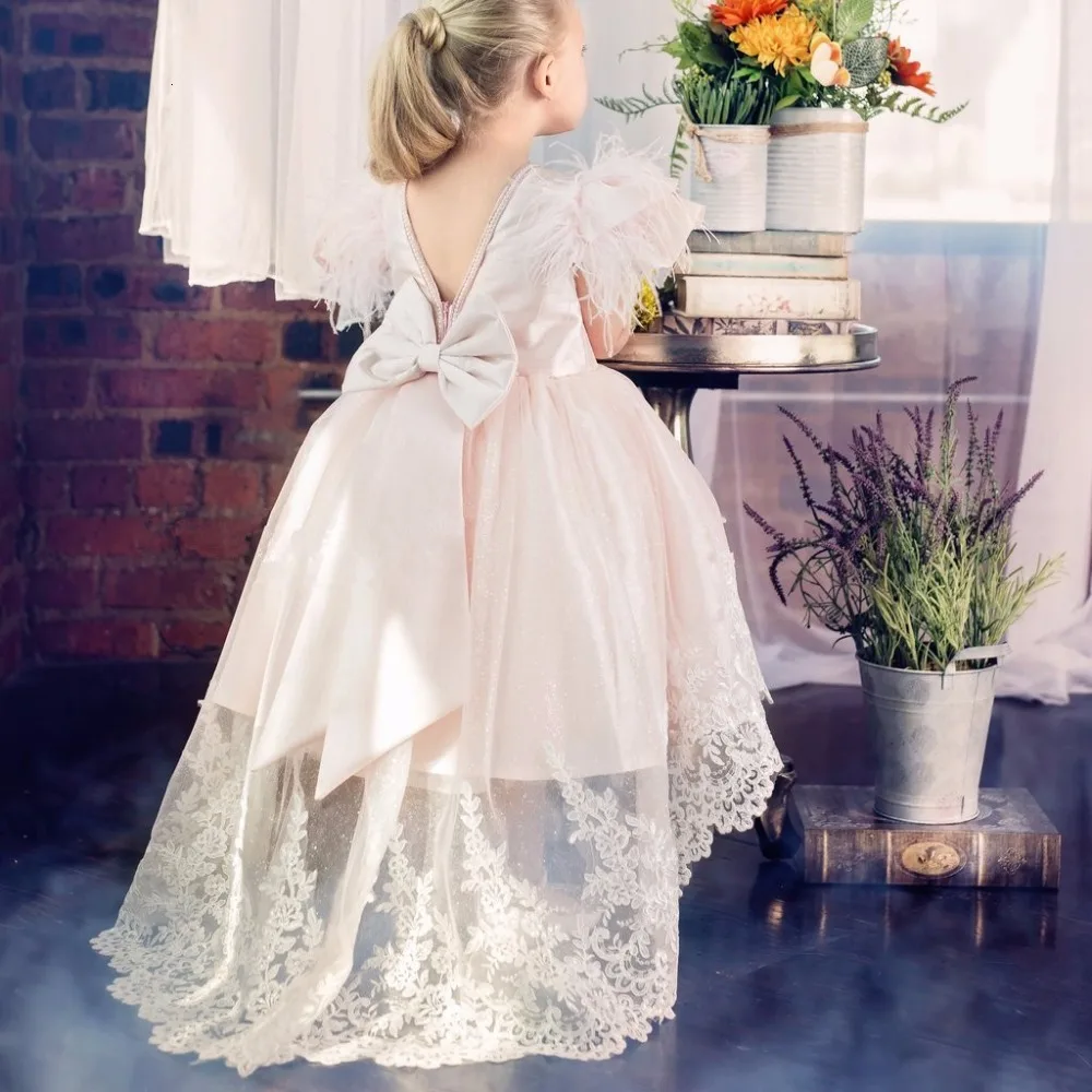 

New Pink Feather Lace Flower Girl Dresses Wedding Party Dresses For Girls Princess Birthday Gowns Photo Shoot