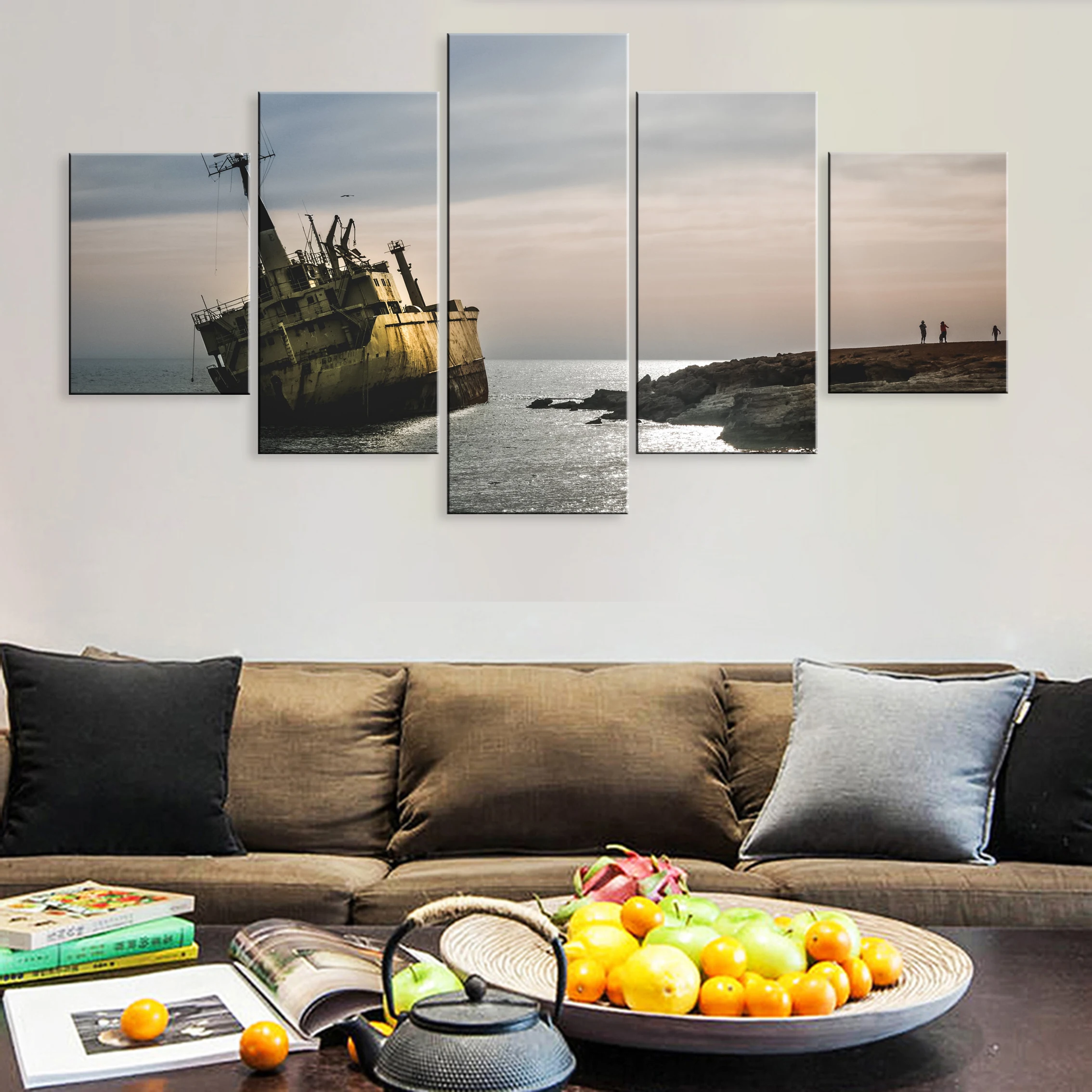 

Hd Printed Modern 5 Pieces Artwork Modular Poster Canvas For Room Home Decor Framework Dilapidated Steamship Landscape Seaside