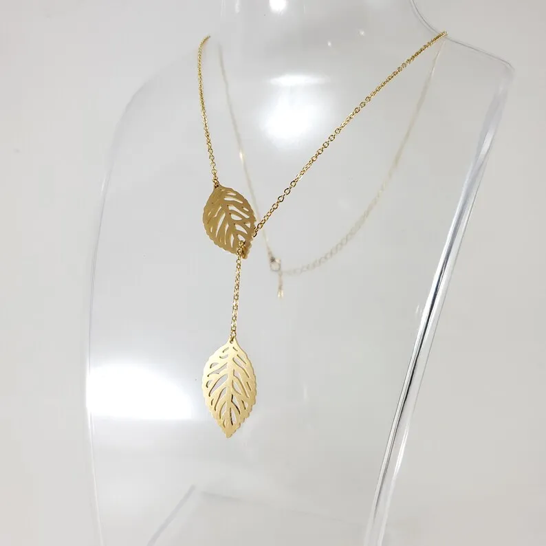 V Attract Boho Jewelry Gold Ketting Choker Women Stainless Steel Collier Double Leaf Charm Lariat Necklaces &amp Pendants | Украшения и