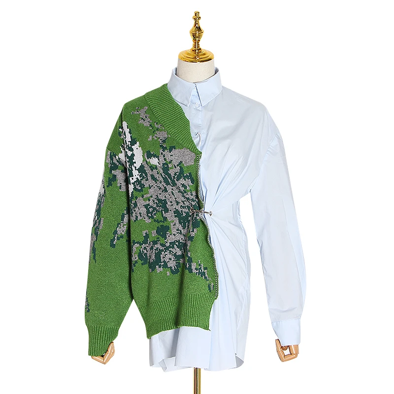 TWOTWINSTYLE лоскутное хит цвет Kitting рубашки женские воротник с лацканами длинным рукавом Высокая талия Туника нерегулярные Блузки Женская мода