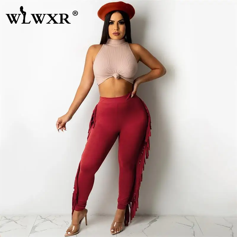 

WLWXR осенний комплект из 2 предметов, спортивный костюм, женский короткий топ без рукавов, брюки с кисточками, костюмы, женские спортивные кос...