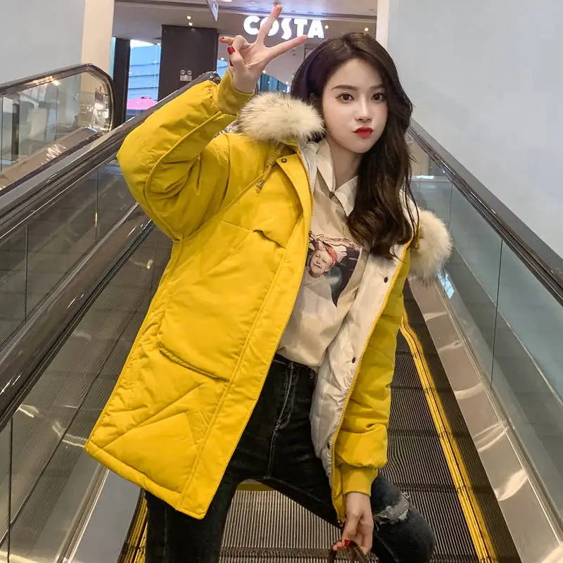 Женская Стеганая куртка с капюшоном желтая Свободная воротником из