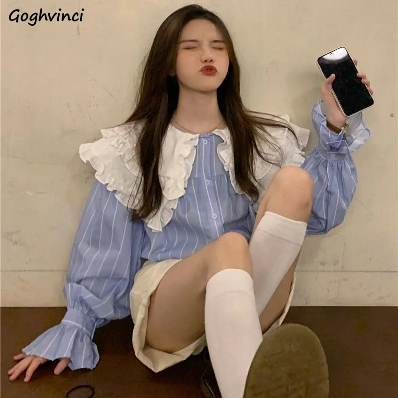 

Женские рубашки для отдыха, модная одежда в полоску, дизайн, воротник Питер Пэн, подростковые школьницы, осень Ulzzang удобный топ, милая улична...