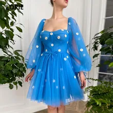 Lorie vestidos de baile curto mangas longas puff tule a linha árabe vestido de noite azul sem costas vestido de festa de casamento para formatura (4)