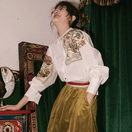 2020 Spring summer clothes for women Botany Atlas Printing White Shirt loose design long sleeve blouse DB110 | Женская одежда