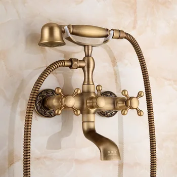 IMPEU Wall-mount Two Handles Bathtub Faucet with Hand Shower, Handheld Shower Bracket,  Antique Bronze Finish