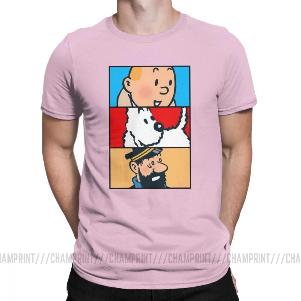 Футболка Tintin Milou Haddock The adventures Of Tintin для мужчин, хлопковая футболка с короткими рукавами, одежда 4XL 5XL 6XL - Цвет: Розовый