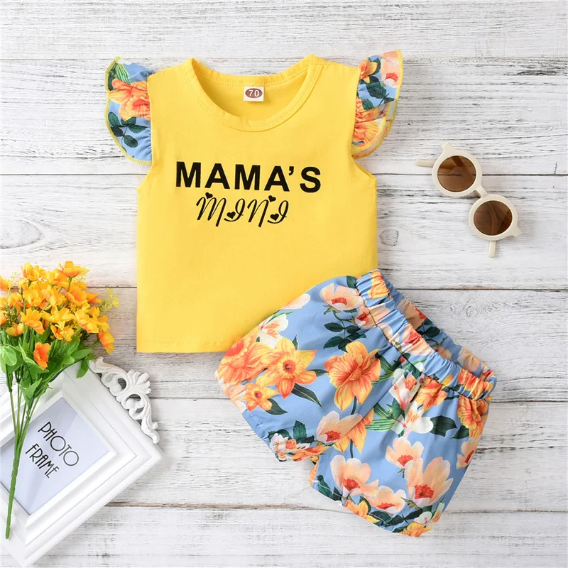

Baby Girls Clothes Set 2Pcs, Sleeveless O-neck T-shirt with Ruffles + Floral Print Short Pants for Summer