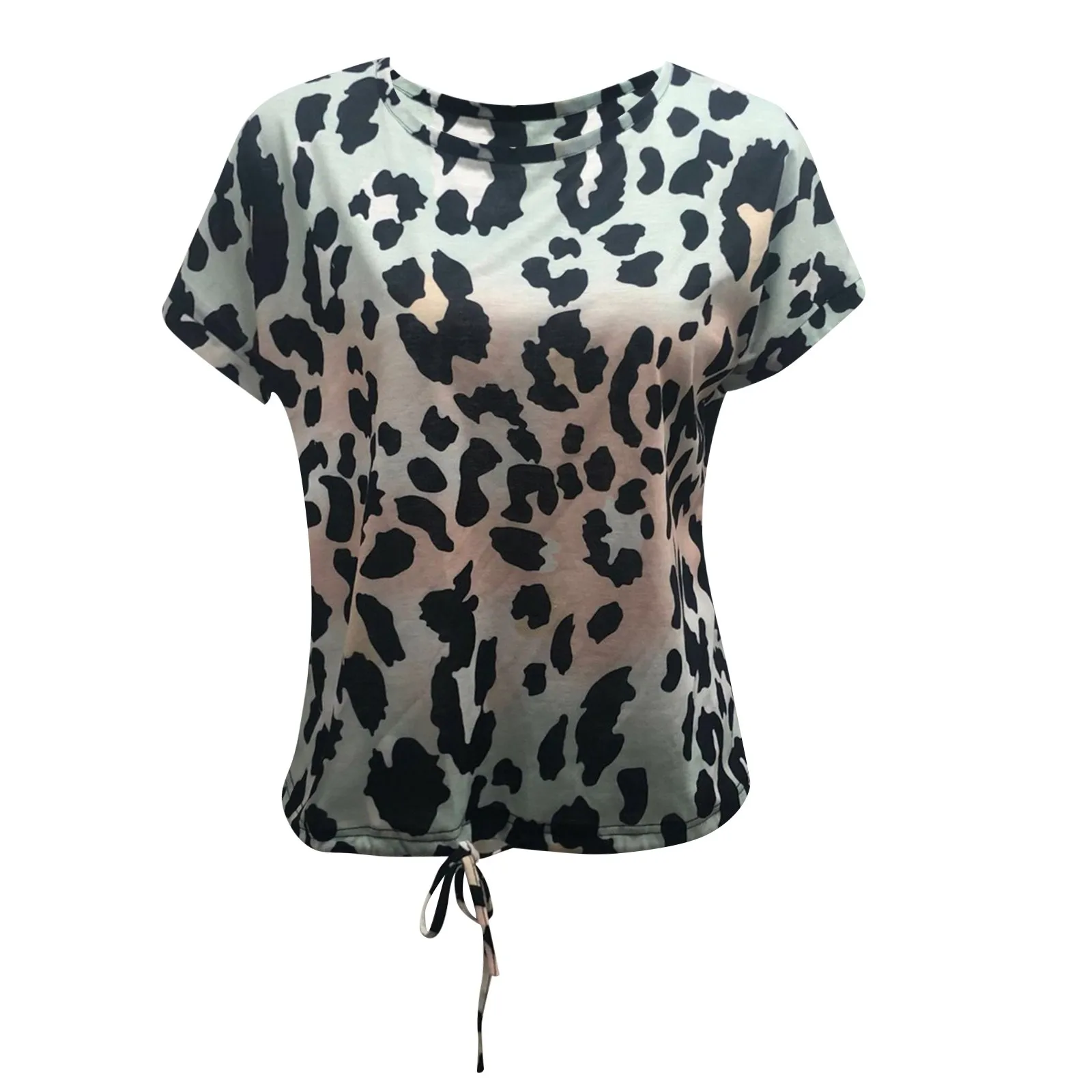 

Women's Bandage Leopard Printed Blouse Short Sleeve O-neck Casual Tee Tops Summer Female Shirts Plus Size Woman Clothing NEW