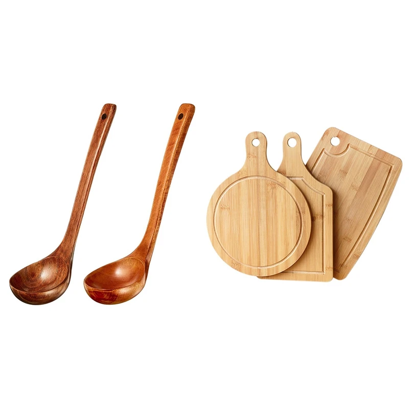 

3Pcs Bamboo Cutting Board For Kitchen, Pizza Fruit Board With 2Pcs Wooden Ladle Soup Spoon Long Handle Ladle Cookware
