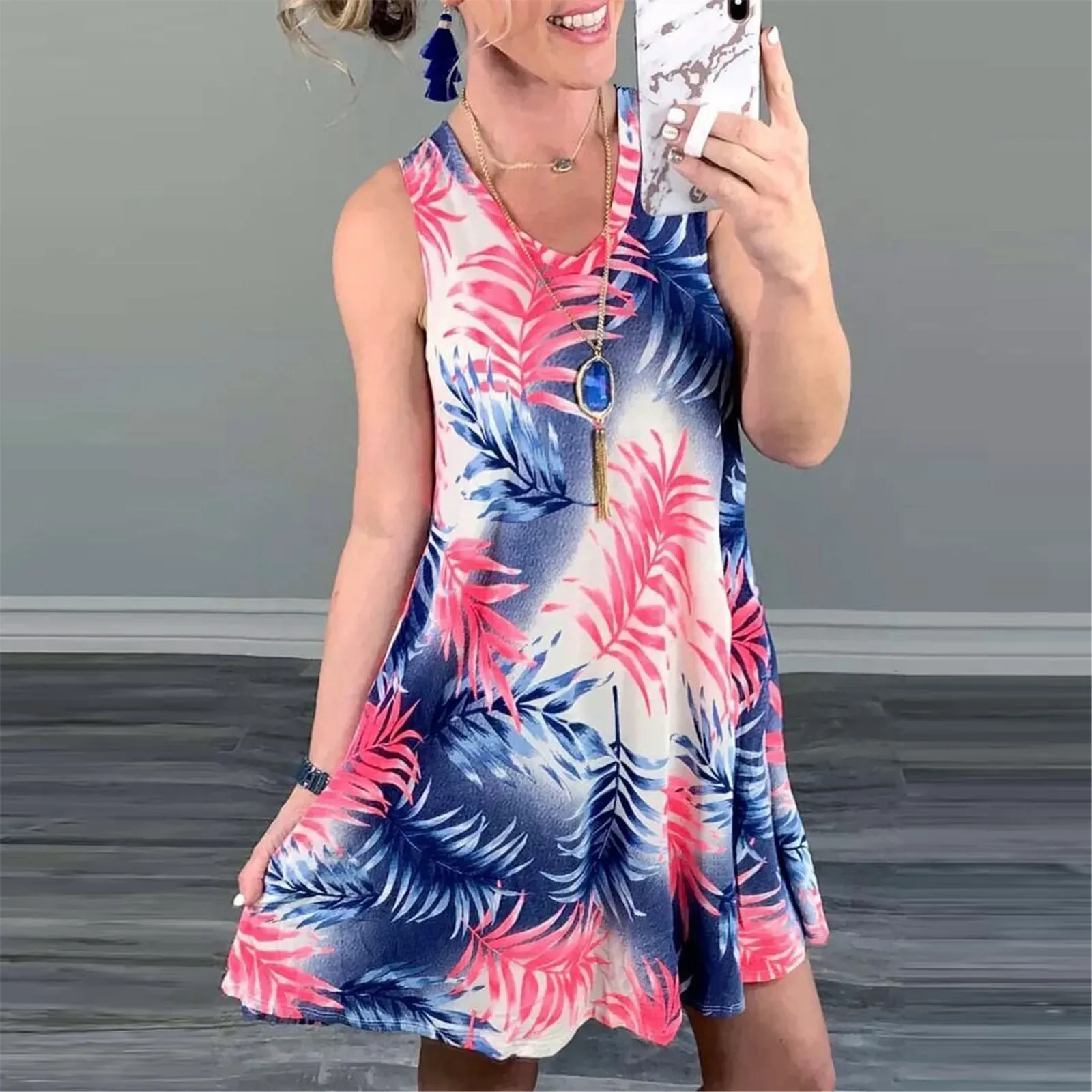 

Women Summer Beach Style Print Mini Dress Casual Loose Sleeveless Sundress Vacation Outwear robe femme été