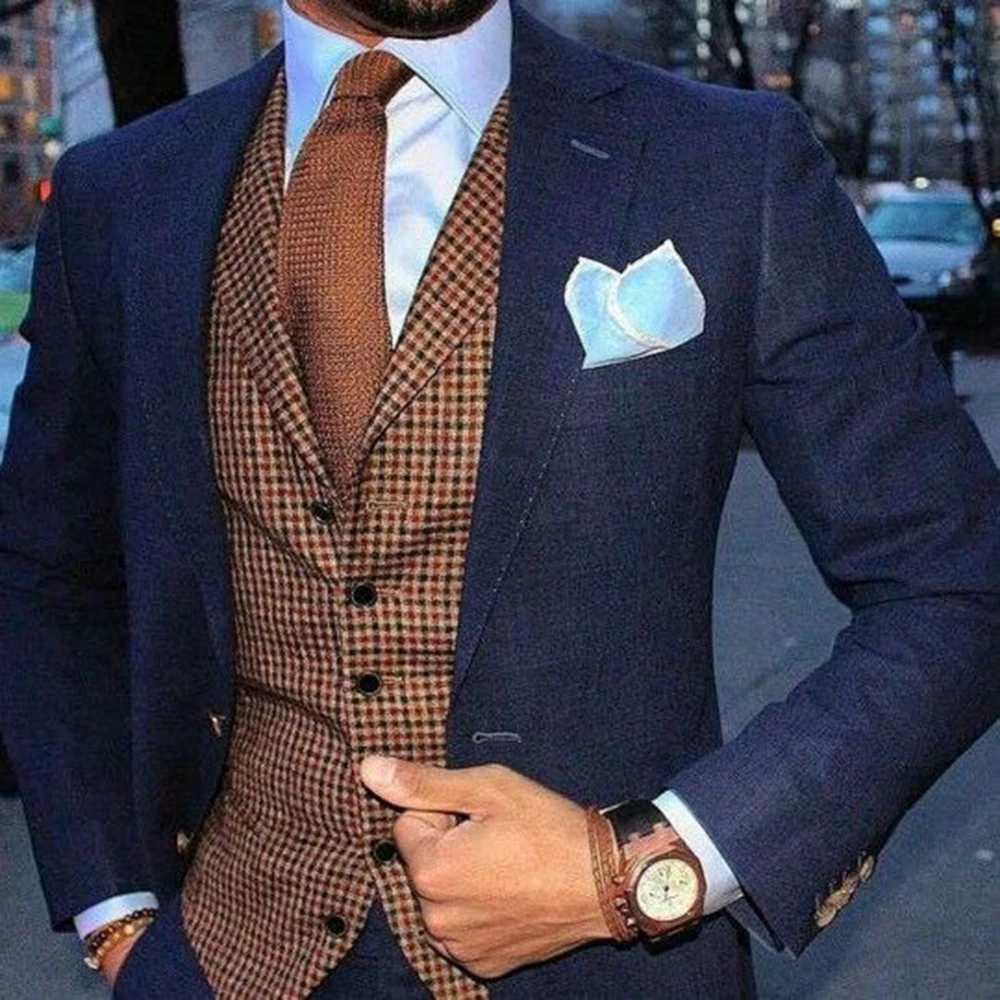 

Men Suits Vintage Houndstooth Vest 3-Pieces Tuxedos Custom Made Plaid Tweed Vest Groom Groomsmen For Wedding (Blazer+vest+Pant)