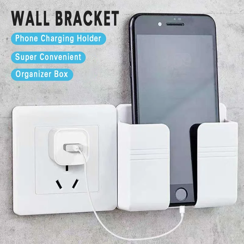 

Phone Charging Stand Wall Mounted Organizer Box Remote Control Air Conditioner Storage Case Bedside Mobile Phone Plug Holder