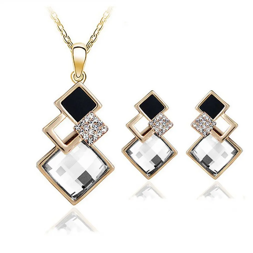 

Crystal Pendants Geometric Shape Necklace Earrings Sets Big Square Necklace Matching Stud Jewelry Set For Women