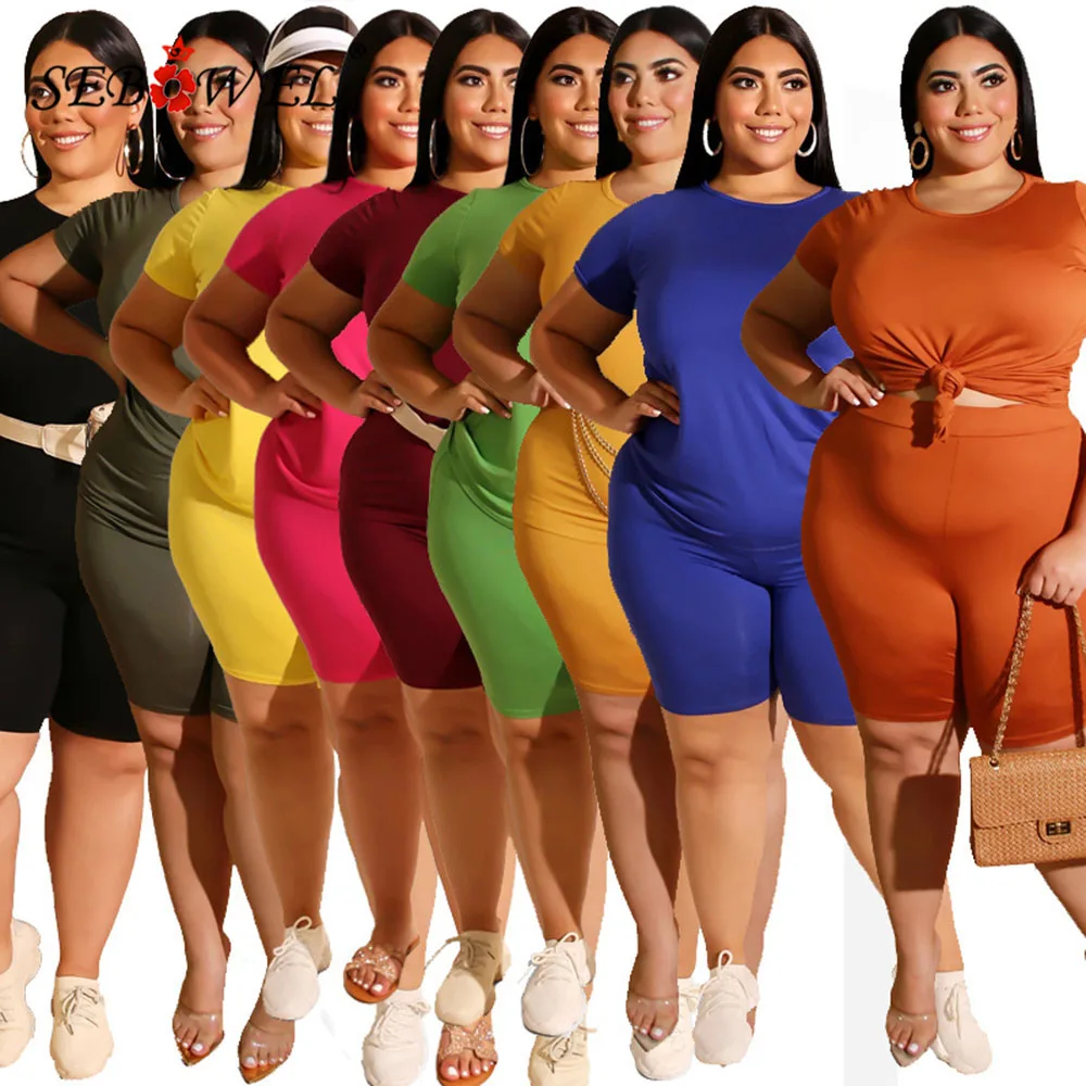 

Женский спортивный костюм из двух предметов, Однотонная футболка с коротким рукавом и шорты, большие размеры