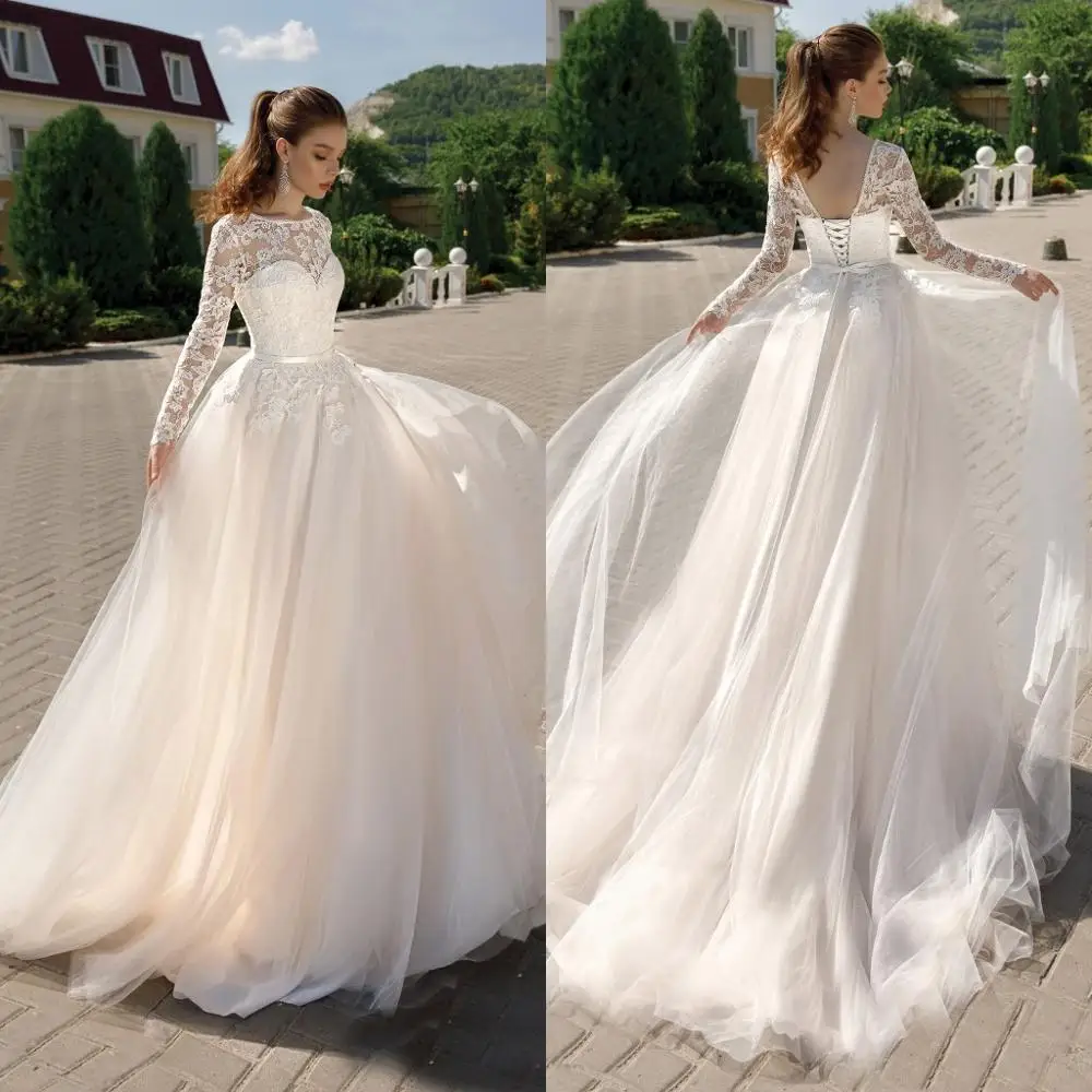 

2020 A Line Wedding Dresses O-Neck Lace Appliques Bridal Gowns Custom Made Lace-up Back Sweep Train Plus Size Wedding Dress