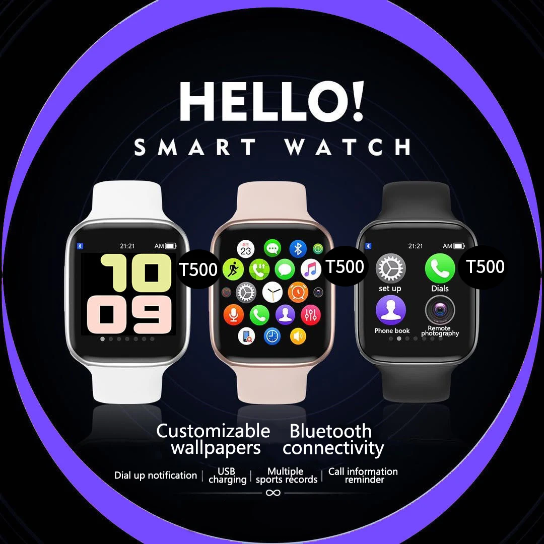 

Factory Wholesale T500 Full Touch Screen Smartwatches 2021 Fitness Tracker Smart Watch Heart Rate Monitoring Wristwatch
