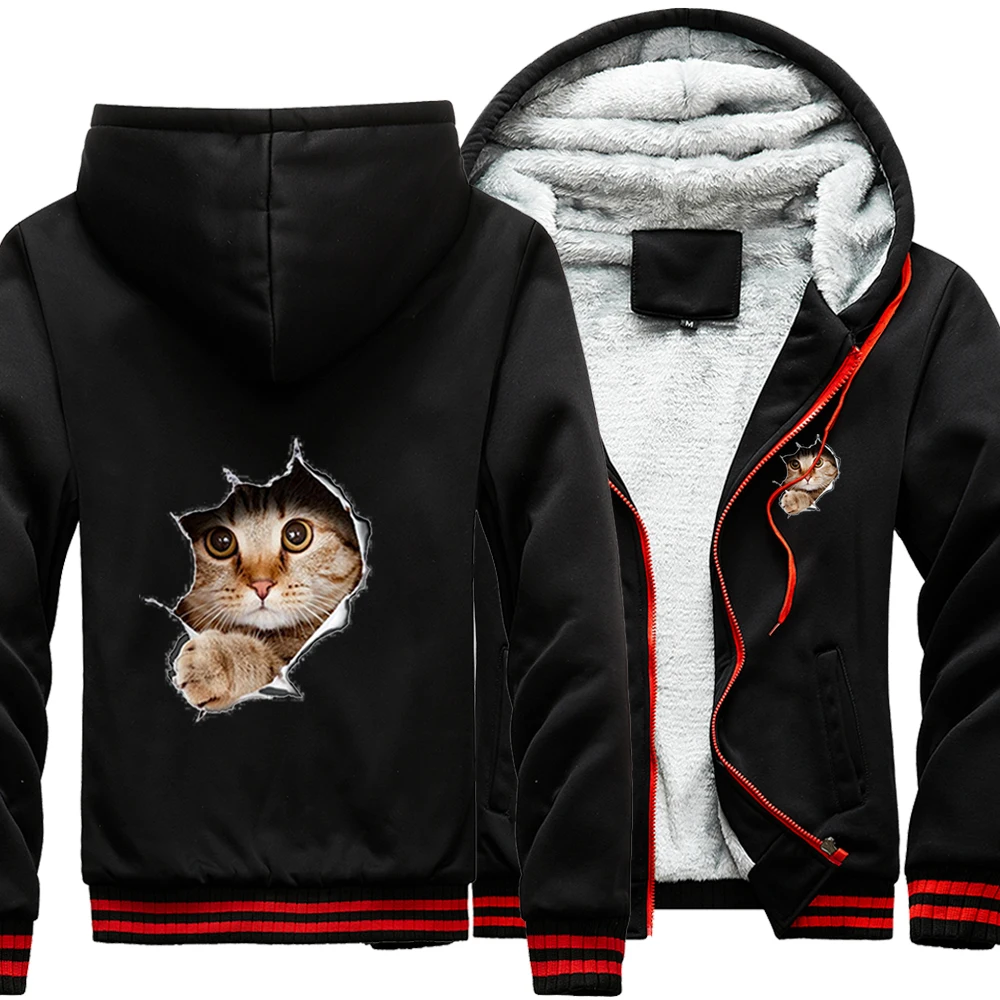 

Kawaii Animal Cute Cat Camo Raglan Thick Hoodies Winter Warm Printed Sweatshirts Coat Men Fitted Street Gray Interesting Jackets