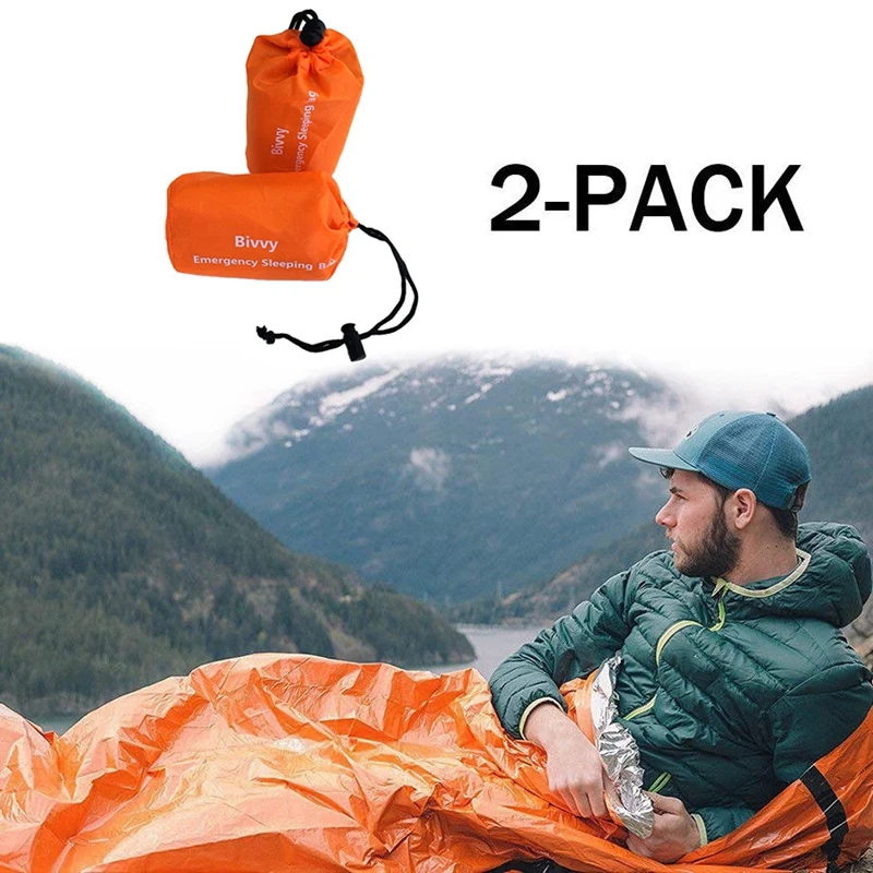 2-Pack Emergency Sleeping Bag Thermal Waterproof Survival Blanket for Outdoor Camping Hiking | Спорт и развлечения