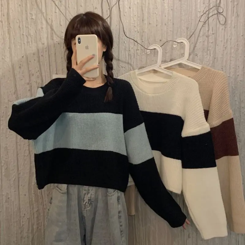 

winter sweater women new short loose o-neck long-sleeved wild female student fashion oversizedstriped pullover knitted coats