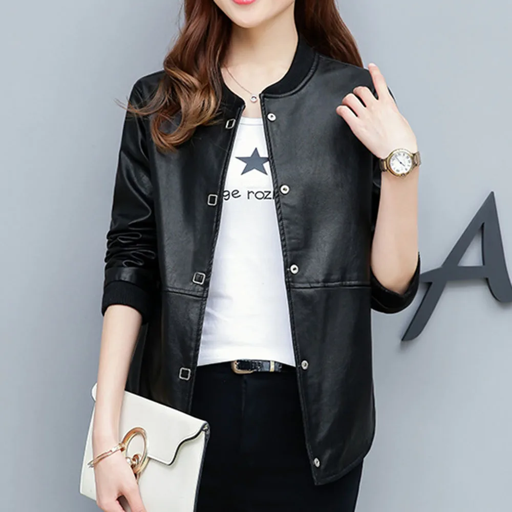 

2021 Autumn Women's New Trend Fashion Leather Motorcycle Style Warm And Windproof Solid Color Round Neck Straight Slim PU Jacket