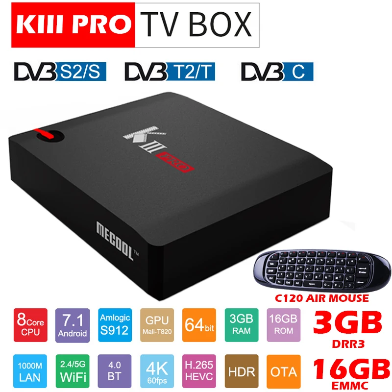 MECOOL KIII PRO DVB S2 DVB T2 DVB C Android 7,1 tv Box 3 Гб 16 Гб Amlogic S912 Восьмиядерный 4K Combo CCCAM NEWCAMD Biss key PowerVU - Цвет: KIII PRO DVB-C120