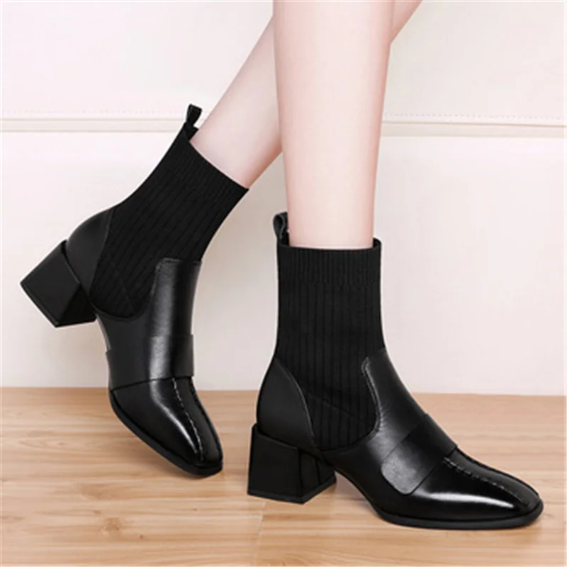 

2020 New Knitted Short Boots Women's Thick-Soled Mid-Heel Thin Leather Boots Square Toe Elastic Boots