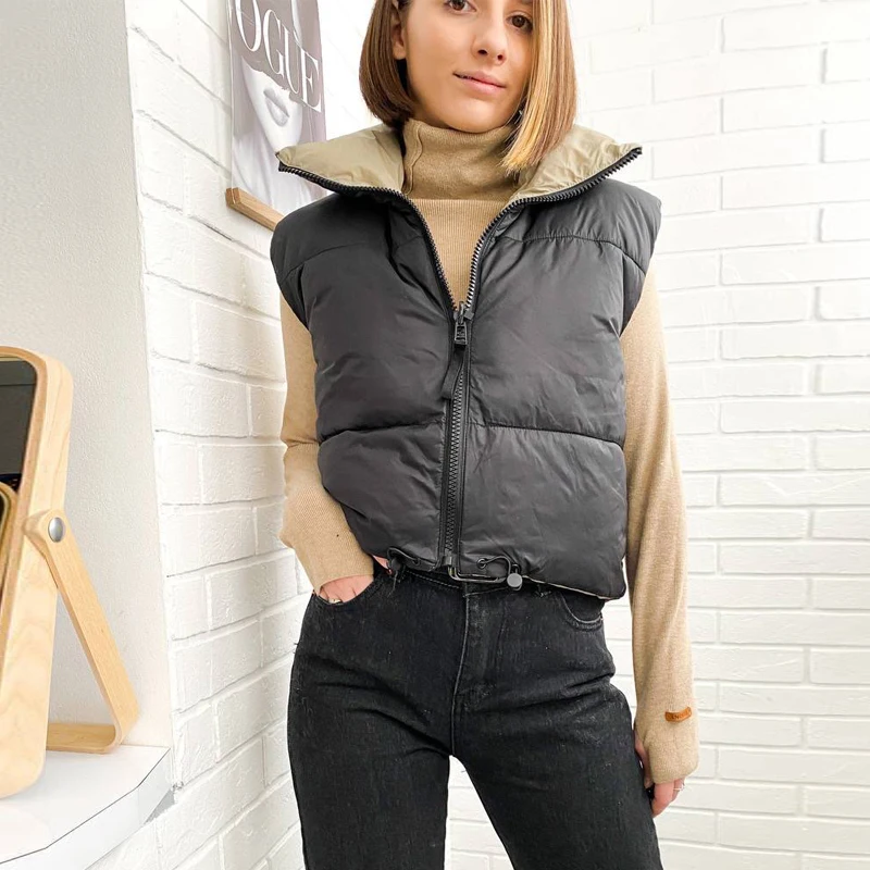 

2021 autumn and winter women's fashion double-sided jacket jacket retro black warm sleeveless cotton jacket women casual jacket