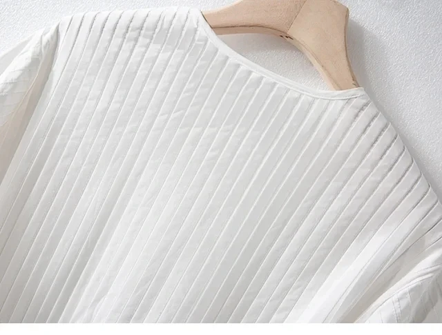 

V-neck Pleated Women Midi Dress Ladies Loose Puff Sleeve Summer Female Simple White Dresses