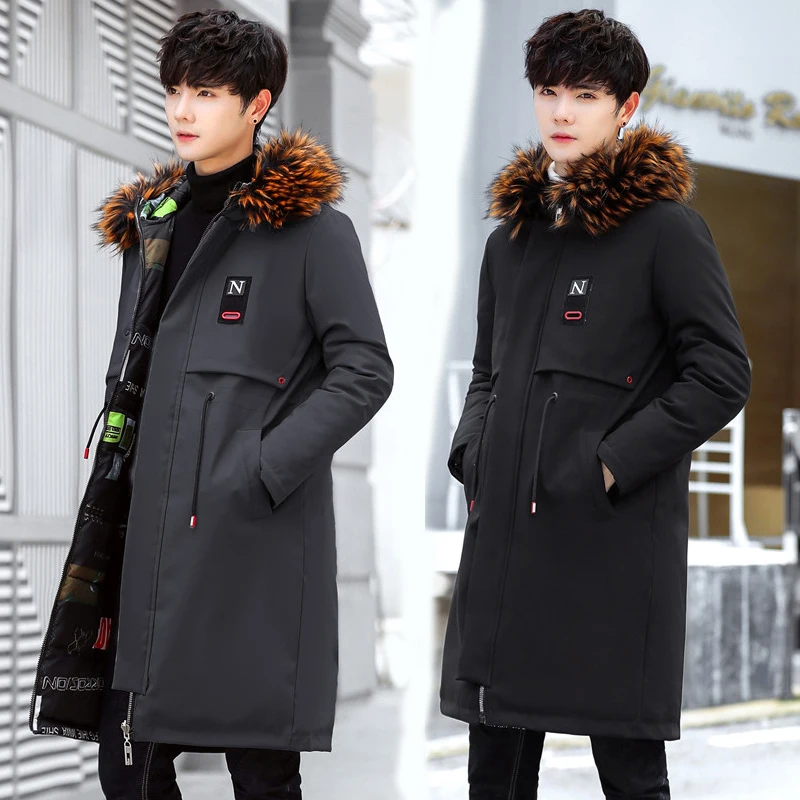 

Parkas Men 2019 New Winter Jacket Long Thicken Warm Cotton Big Fur Hooded Outwear Hooded Overcoat Can Be Worn on Both Sides