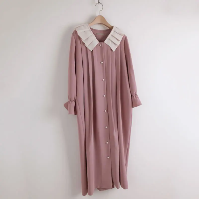 

XITAO Patchwork Ruffles Casual Dress Women Tide Fashion New Korean Style V Neck Collar Long Flare Sleeve Single Breasted ZY4371
