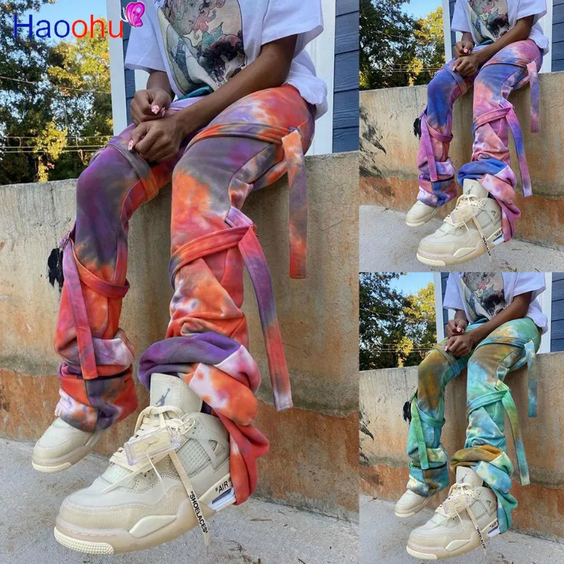 

HAOOHU Tie Dye Bandage Flare Pants Autumn Winter Clothing Fashion Streetwear Stacked Sweatpants High Waisted Jogger Trousers