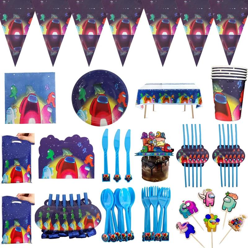 

Among Theme Kids Favors Plates Cups Napkins Tablecloth Banner Gifts Bags Invitation Cards Blowouts Cake Flag Straws 148Pcs/lot