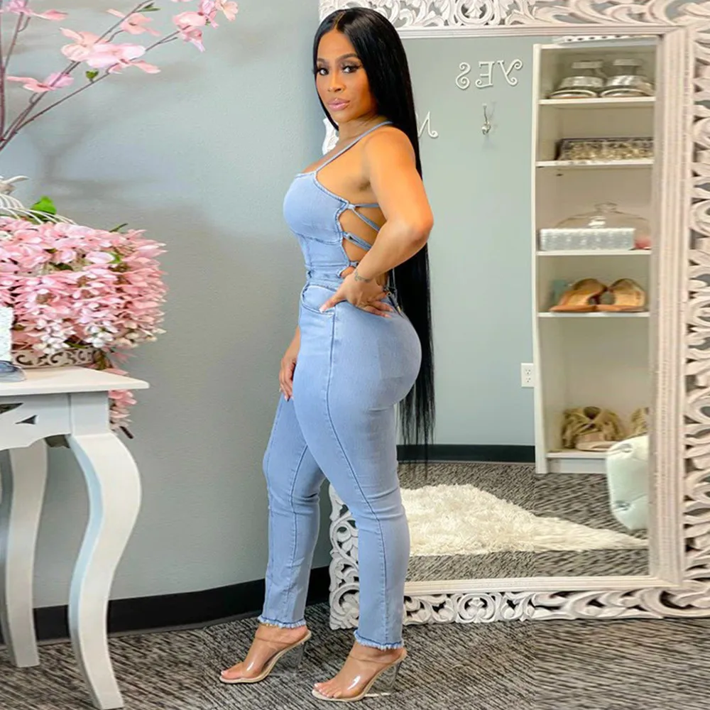 Женский джинсовый комбинезон на бретелях-спагетти Облегающий с открытыми