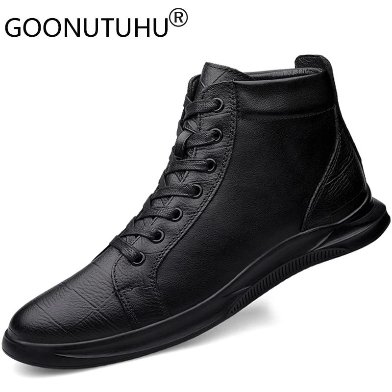 Мужские высокие кроссовки из натуральной кожи черные классические на платформе