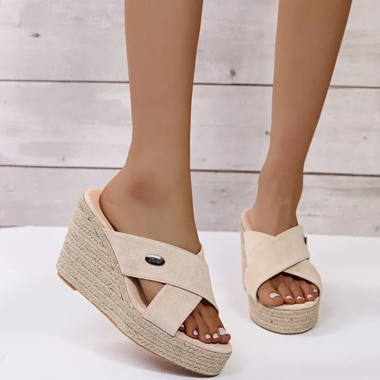 

Women Sexy Rome Slippers Summer High Heel Wedges Beach Holiday Casual Shoes Outdoor Cross Strap Flock Slipper Fashion Footwear