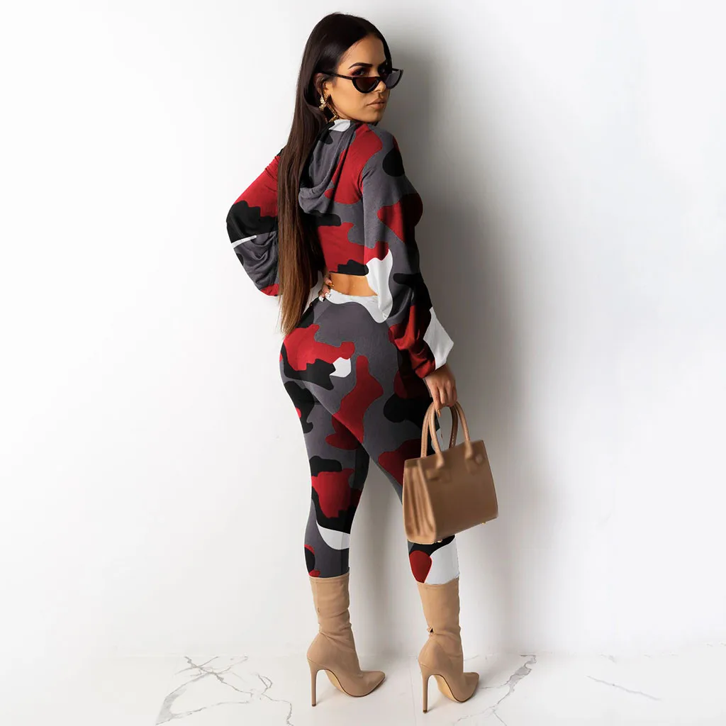

Women Casual fitness sporting two pieces set 2020 ladies Fashion Tracksuit Camouflage Long Sleeve Crop Top Hooded Long Pant Suit