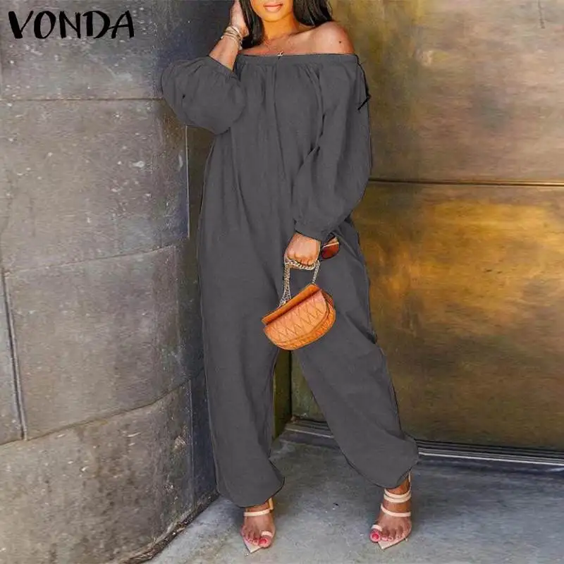 2021 VONDA Summer Rompers Women Autumn Long Overalls Ladies Long Sleeve Casual Solid Playsuits Femme OL Office Pantalones