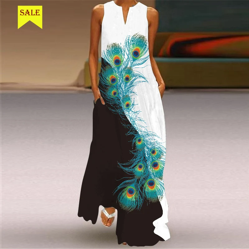 

MOVOKAKA Sleeveless Long Dress 2021 Casual Beach Women Summer Dress Lady V Neck Butterfly Printed Dresses Elegant Women's Dress