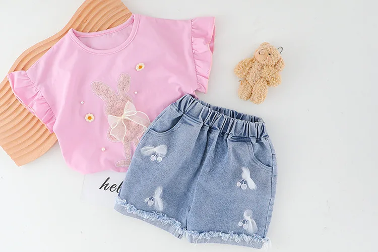 Girls Summer Clothes Sets Shirts Denim Shorts 2 pieces Cotton Cartoon Fashion Suit For Children Kids New baby Toddler Wear 0-4Y images - 6