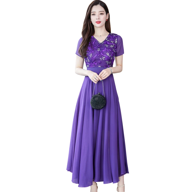 

2021 summer new embroidered chiffon dress women's mid length slim waist long skirt super fairy beach vestido dresses big sizes