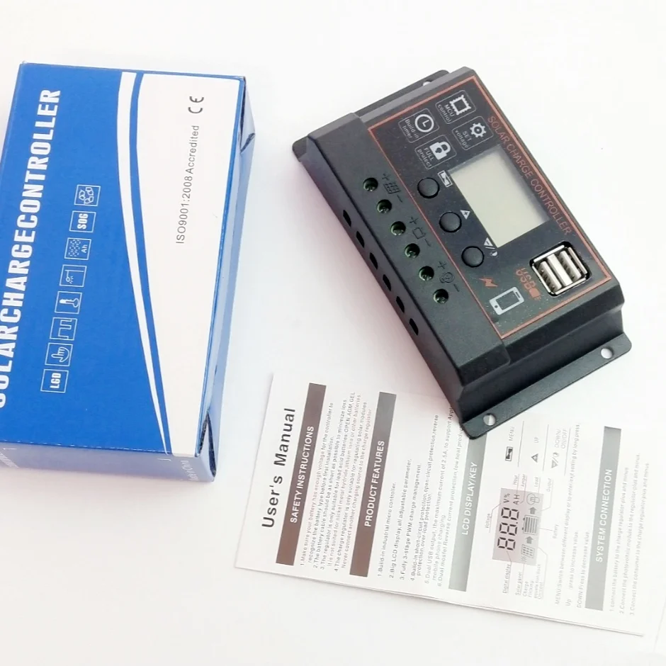 10A 20a 30a PWM солнечный контроллер с ЖК-дисплеем и 5 в USB выход для Солнечная зарядка аккумулятора