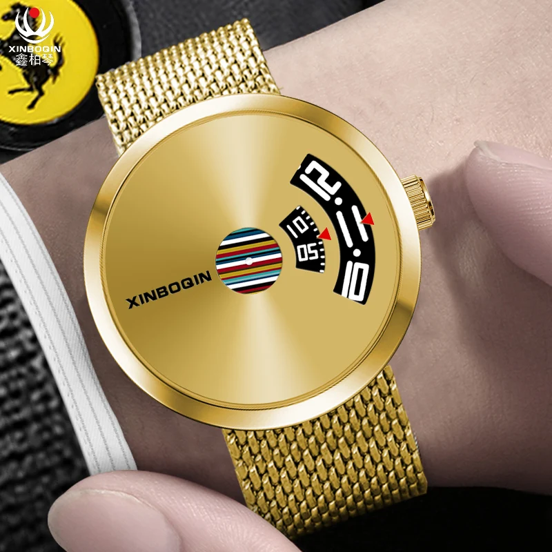 Luxury Gold Men Watches Quartz 50M Waterproof Milanese Bracelet Full Steel Watch NO Pointer Creative Concept Wrist watch Leather