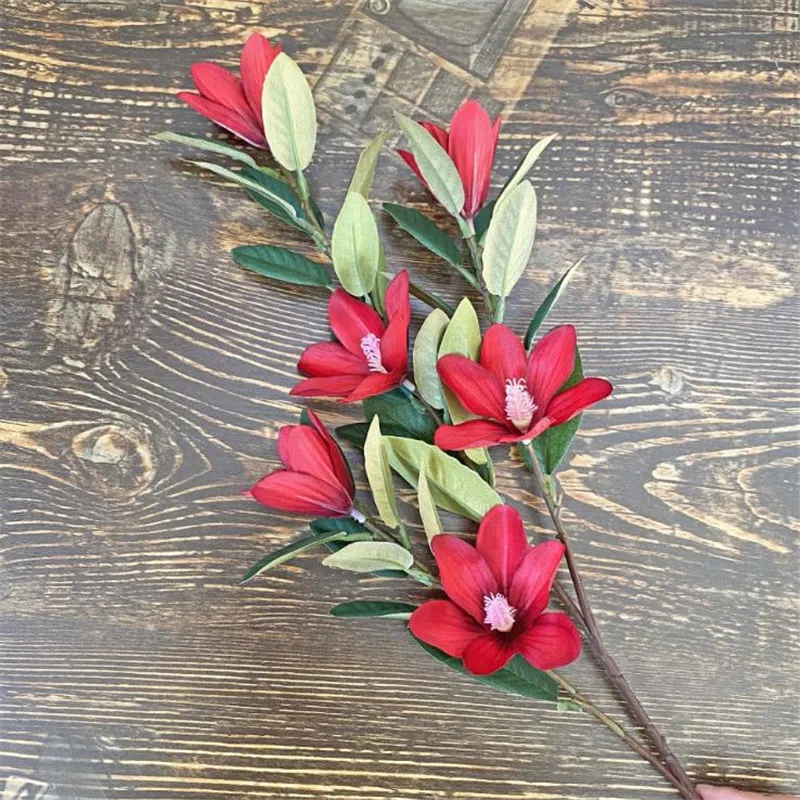 

7P Fake Magnolia (3 stems/piece) 25.59" Length Simulation Magnolias Green Leaf for Wedding Home Decorative Artificial Flowers