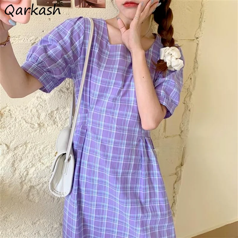 

Dresses Women Puff Sleeve Fashion New Elegant Vocation Students Korean Style Loose Party Harajuku Soft Summer Hot Vintage Plaid