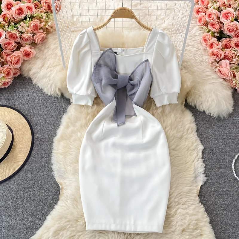 

Square Neck Bow Puff Short Sleeve Bodycon Dress Summer High Waist Solid Color Elegant Fashion Party Women Mini Vestidos