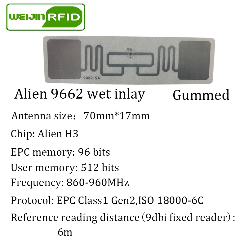 RFID ярлык UHF стикер Alien 9662 EPC6C влажная инкрустация 915mhz868mhz Higgs3 500 шт Бесплатная