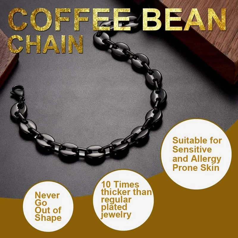 Очаровательное черное ожерелье 13 мм из нержавеющей стали с кофейными зернами