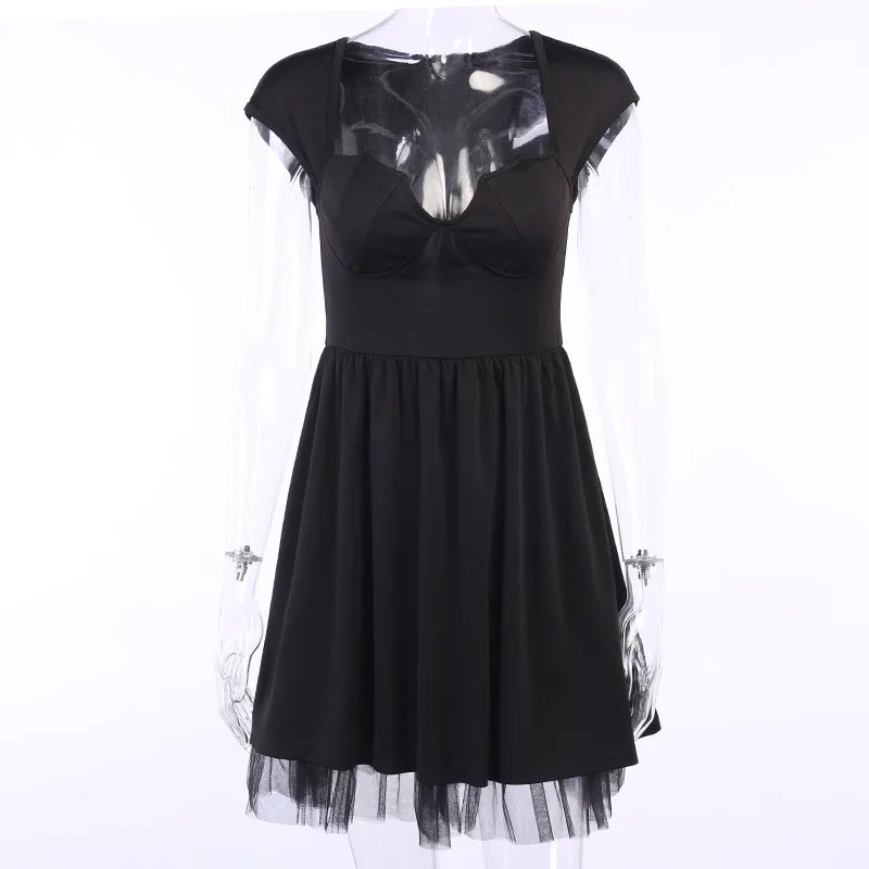 

Y2k 2021 New Female Lace Mesh Patchwork Dress Sexy Lady Gothic Strapless V-neck Sleeveless Dress Female Black Irregular Dresses